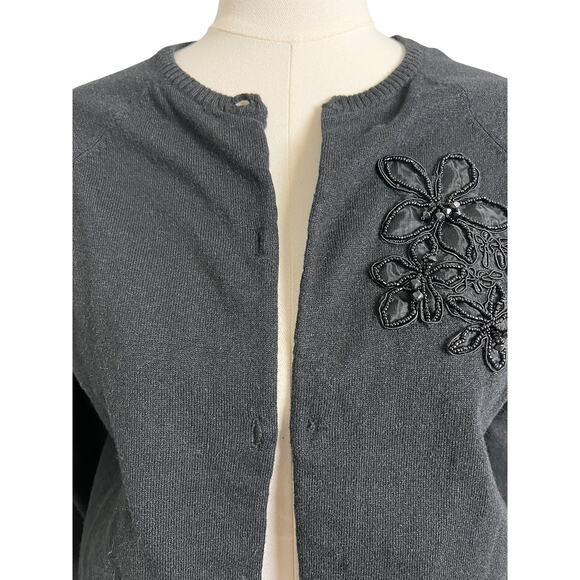 Cardigan Sweater Black Beaded Floral Cropped Knit Top Missing Buttons - Picture 2 of 7